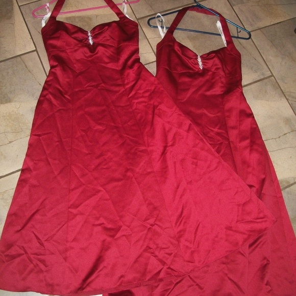 Davids Bridal Red Satin Tea Length Halter Dress 4 - Picture 2 of 3